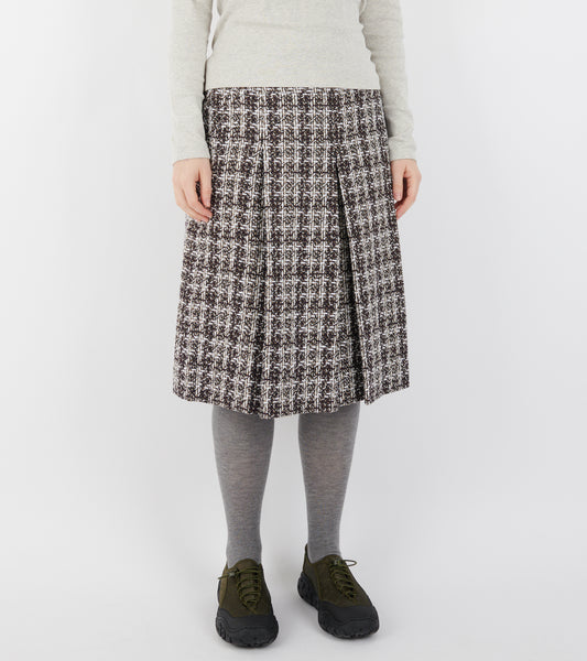 Bouclé Wool Full Length Pleated Skirt Burgundy Checkered