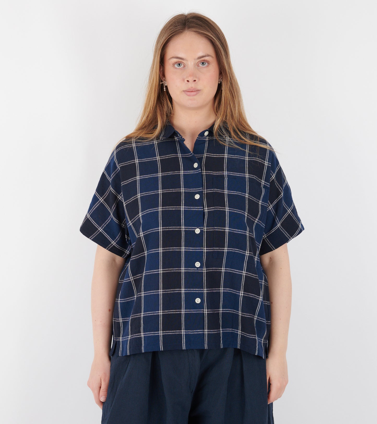 Market Check Cotton Linen Shirt Denim Blue