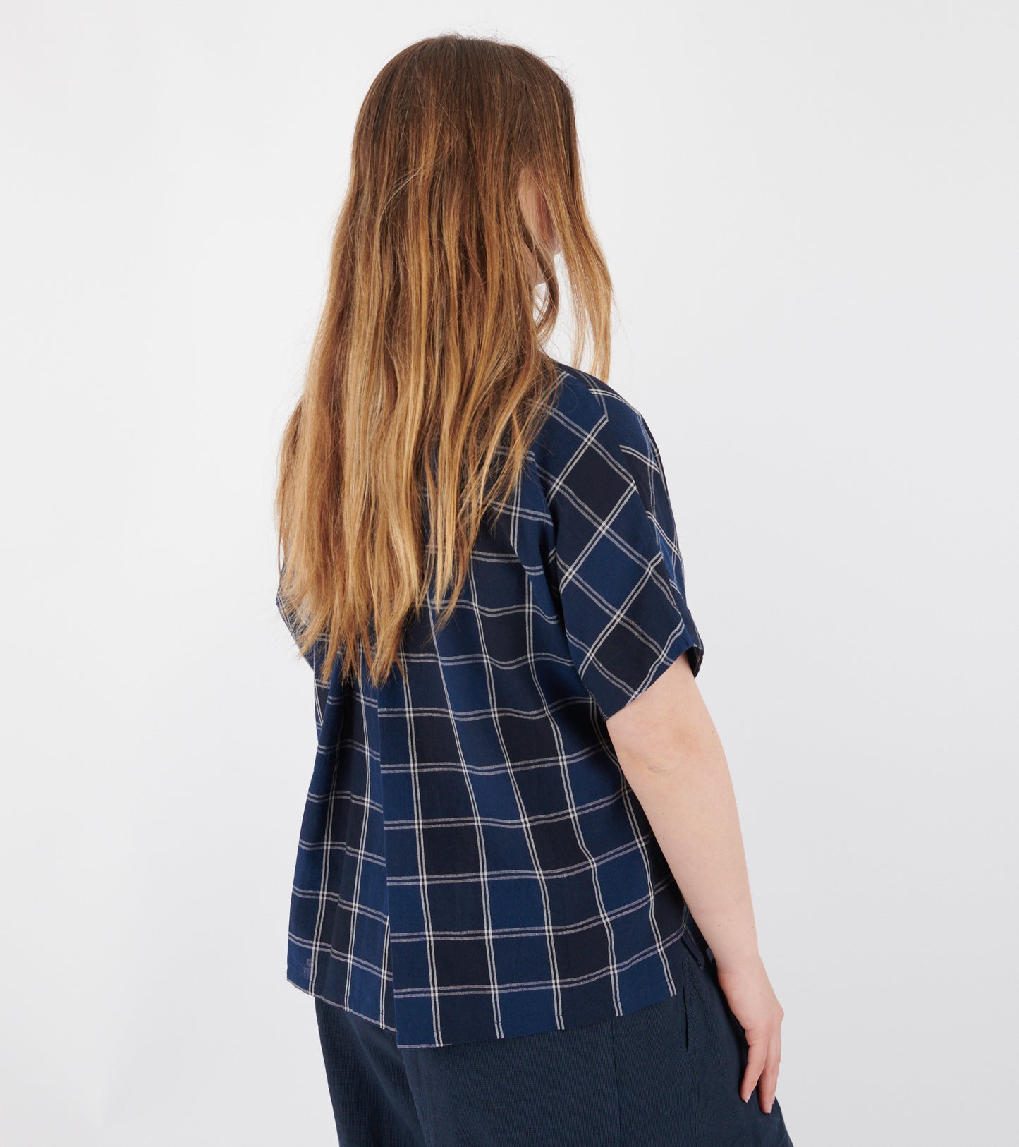 Market Check Cotton Linen Shirt Denim Blue