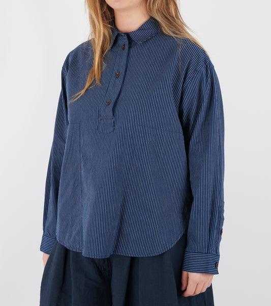 Railroad Stripe Popover Smock Shirt Denim Blue
