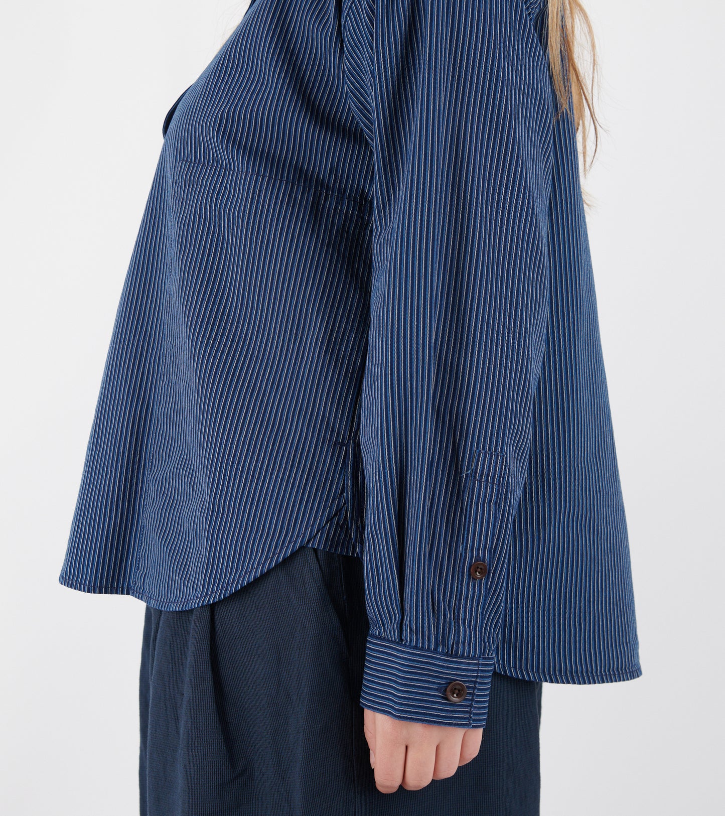 Railroad Stripe Popover Smock Shirt Denim Blue