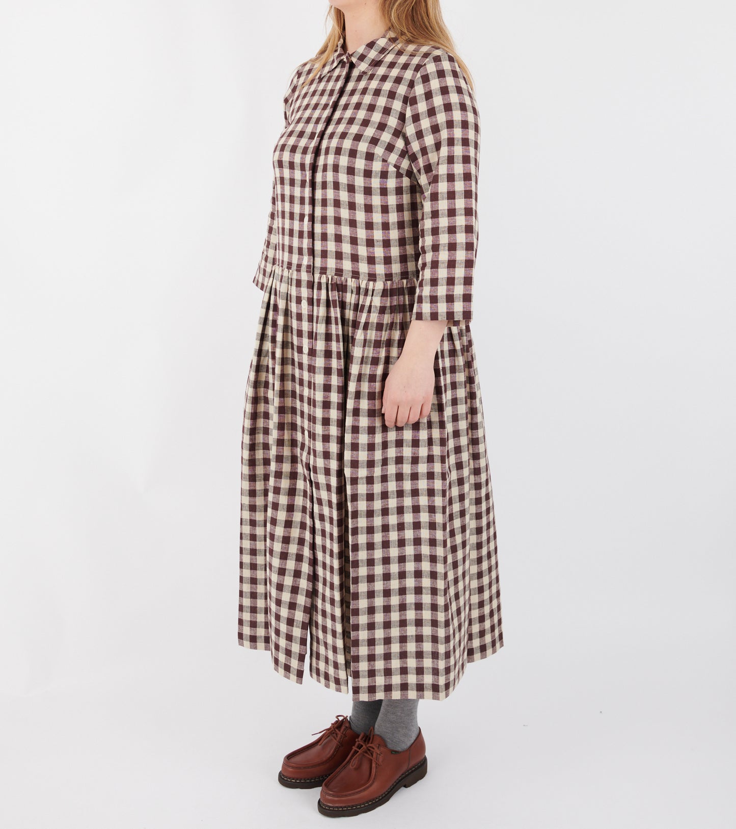 Check Linen Cotton Shirt Dress Dark Chocolate/Ecru