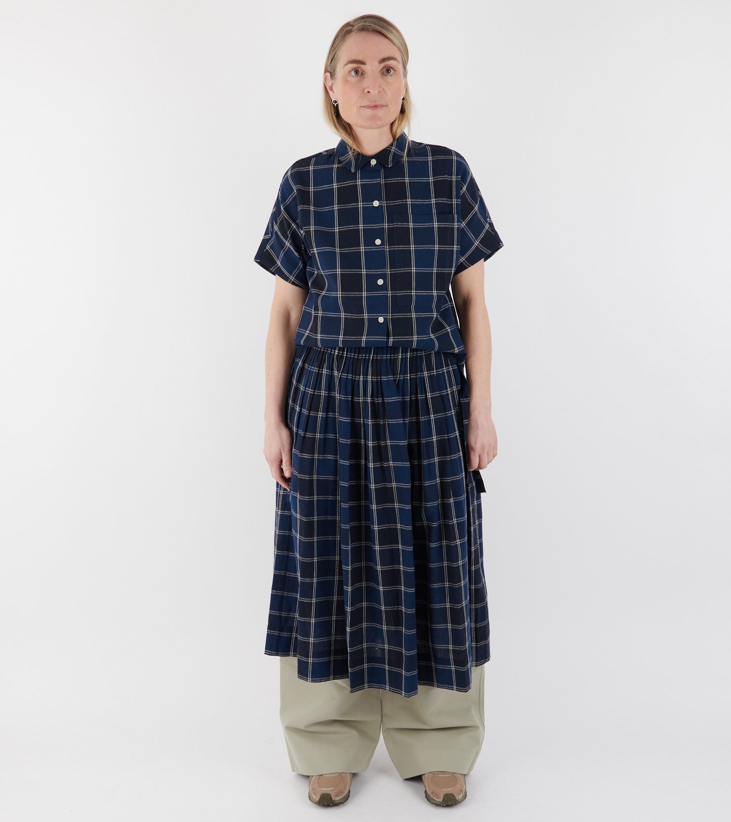 Market Check Cotton Linen Shirt Denim Blue