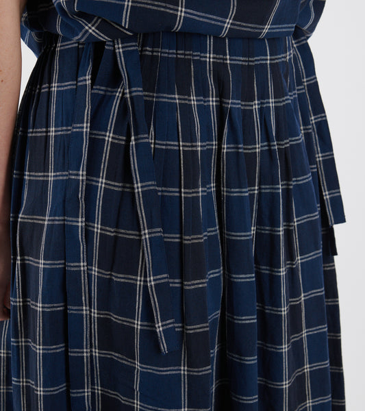 Market Check Pleated Cotton Linen Skirt Denim Blue