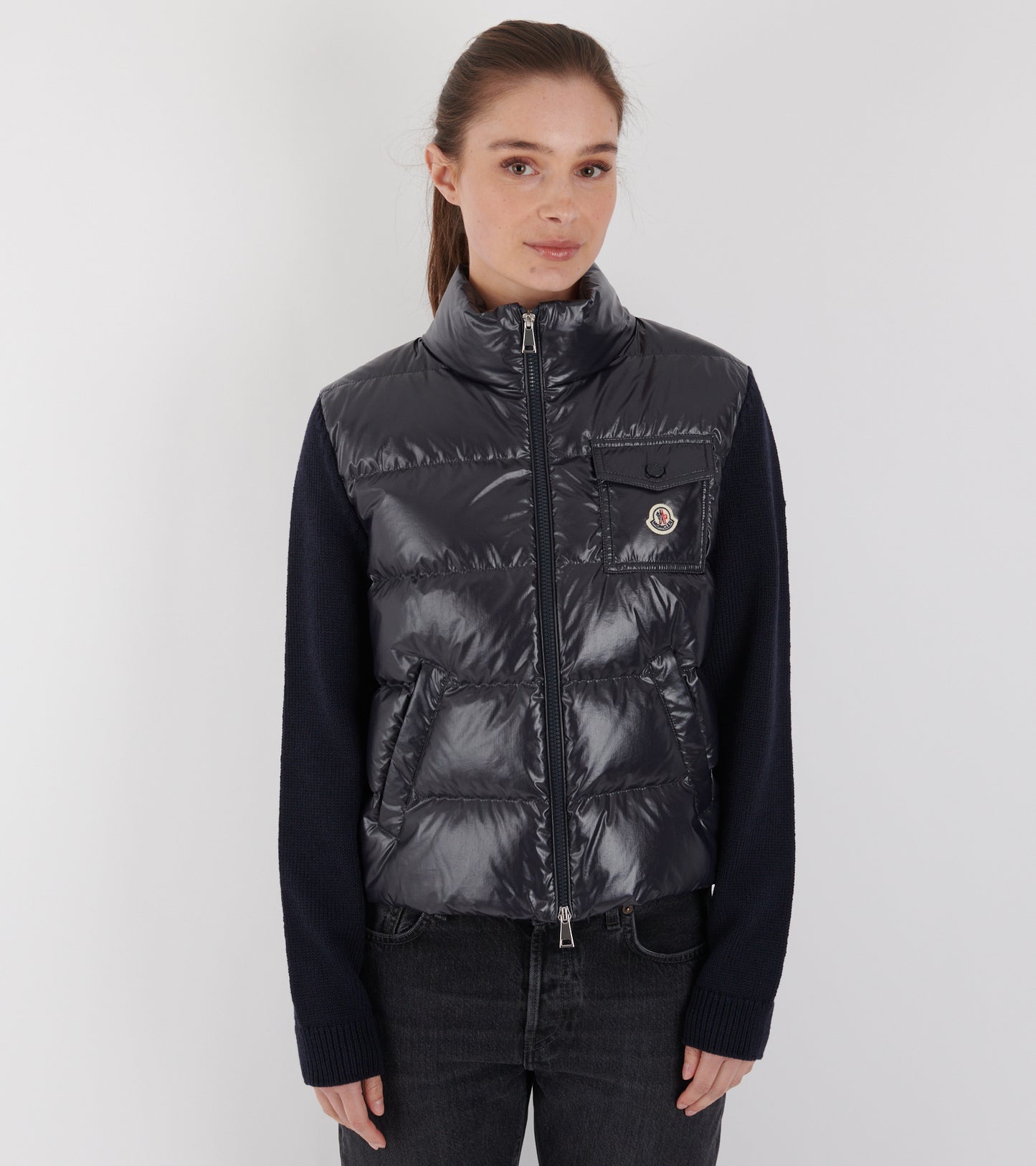 Padded Zip-up Wool Cardigan Navy
