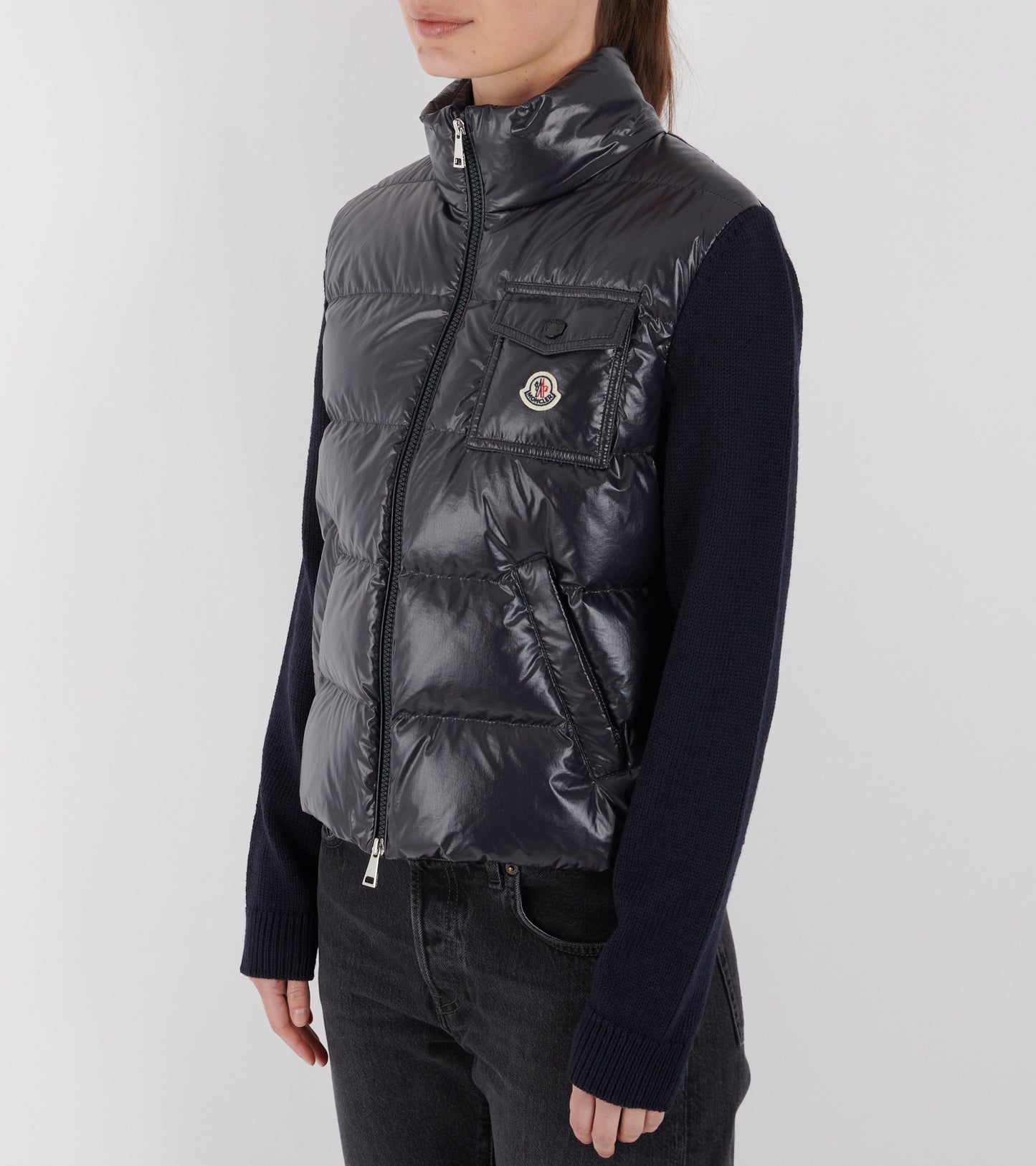 Padded Zip-up Wool Cardigan Navy