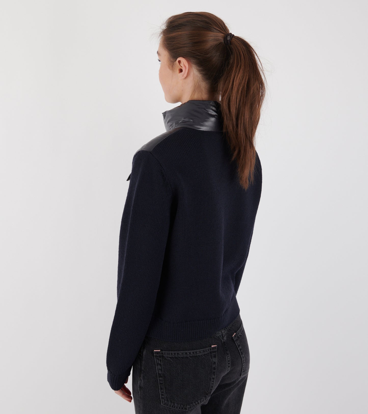 Padded Zip-up Wool Cardigan Navy