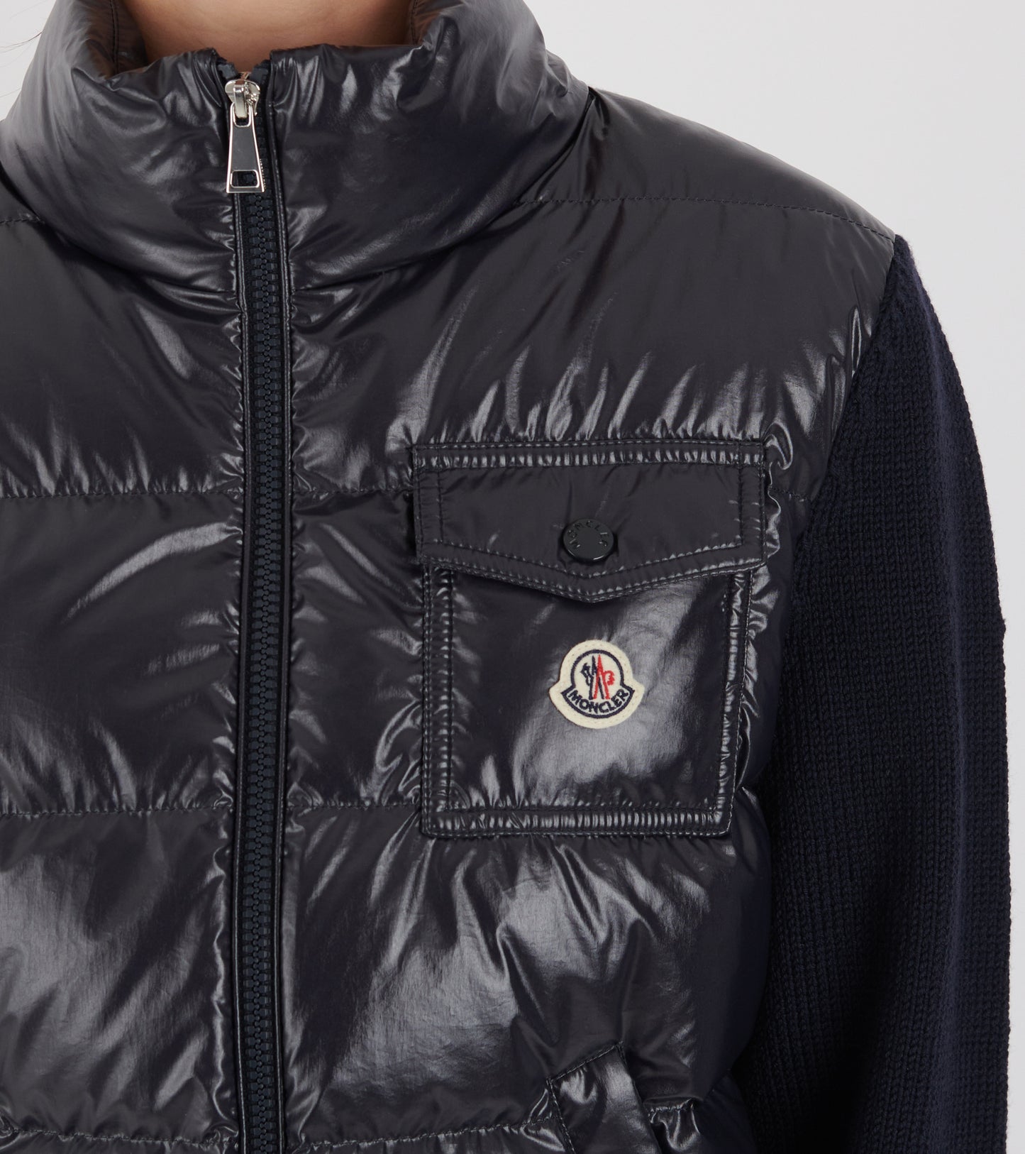 Padded Zip-up Wool Cardigan Navy