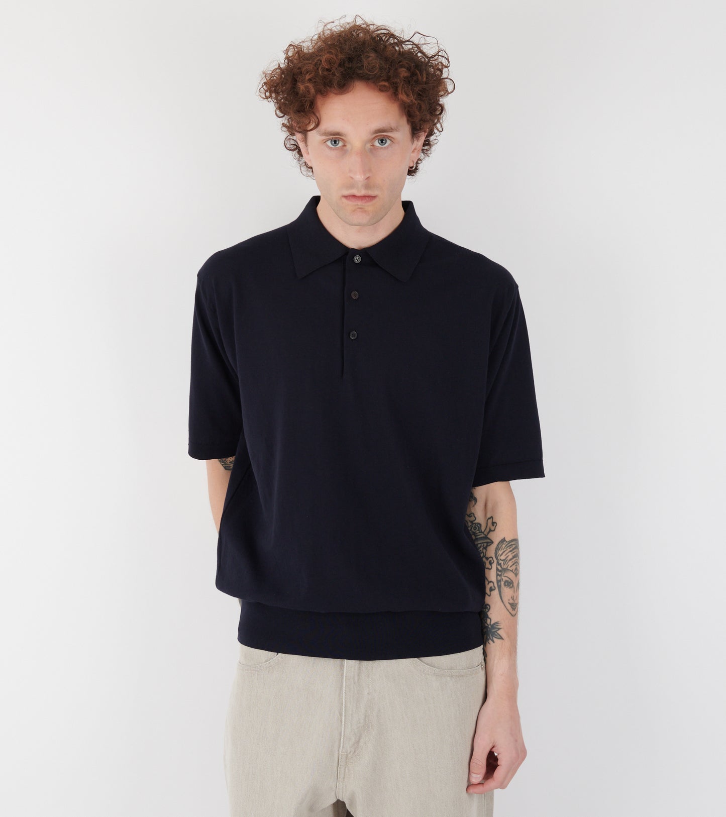Giza High Gauze Knit Polo Dark Navy