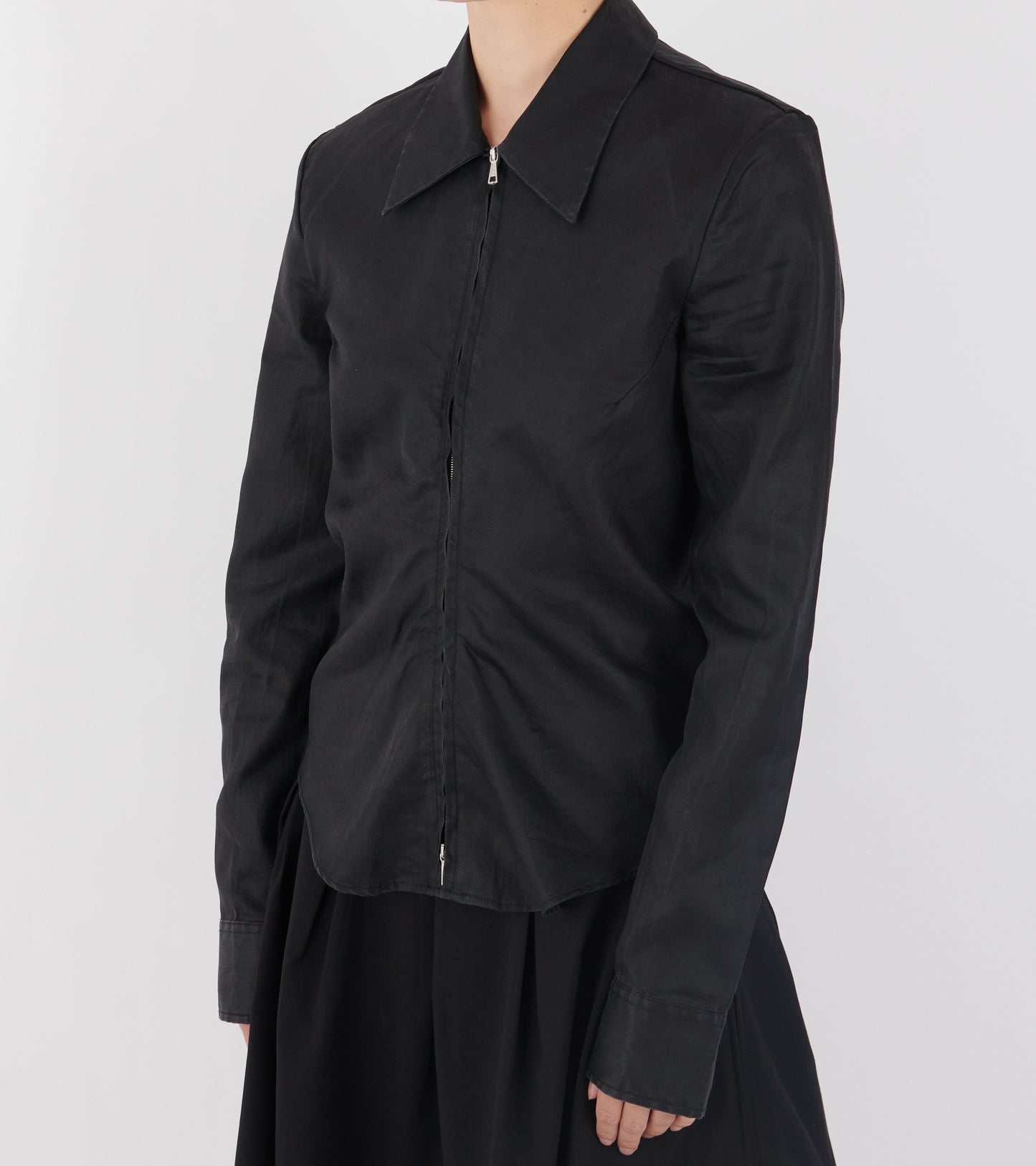 Slim Zip Shirt Lacquer Black Mirror Tencel