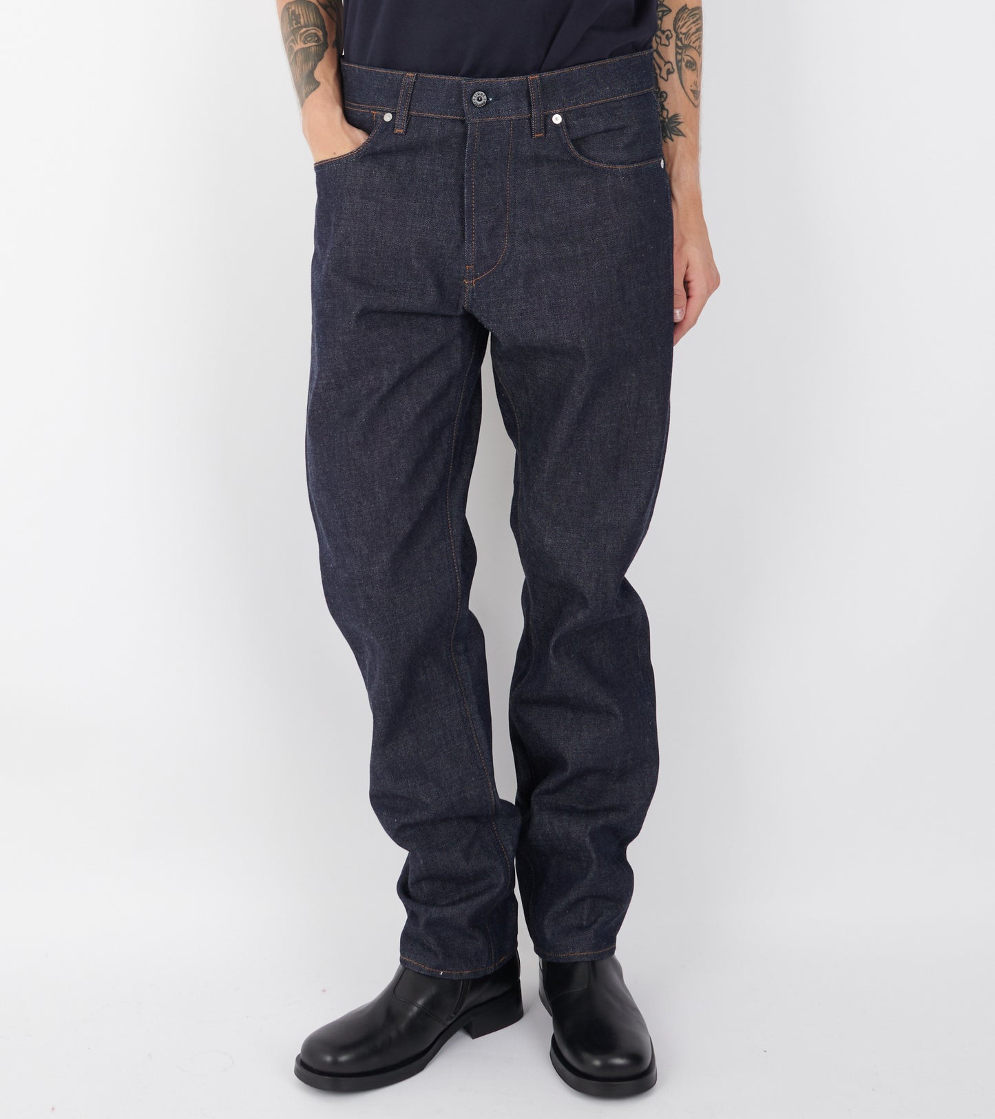 Regular Straight Jeans Raw Denim Dark Blue