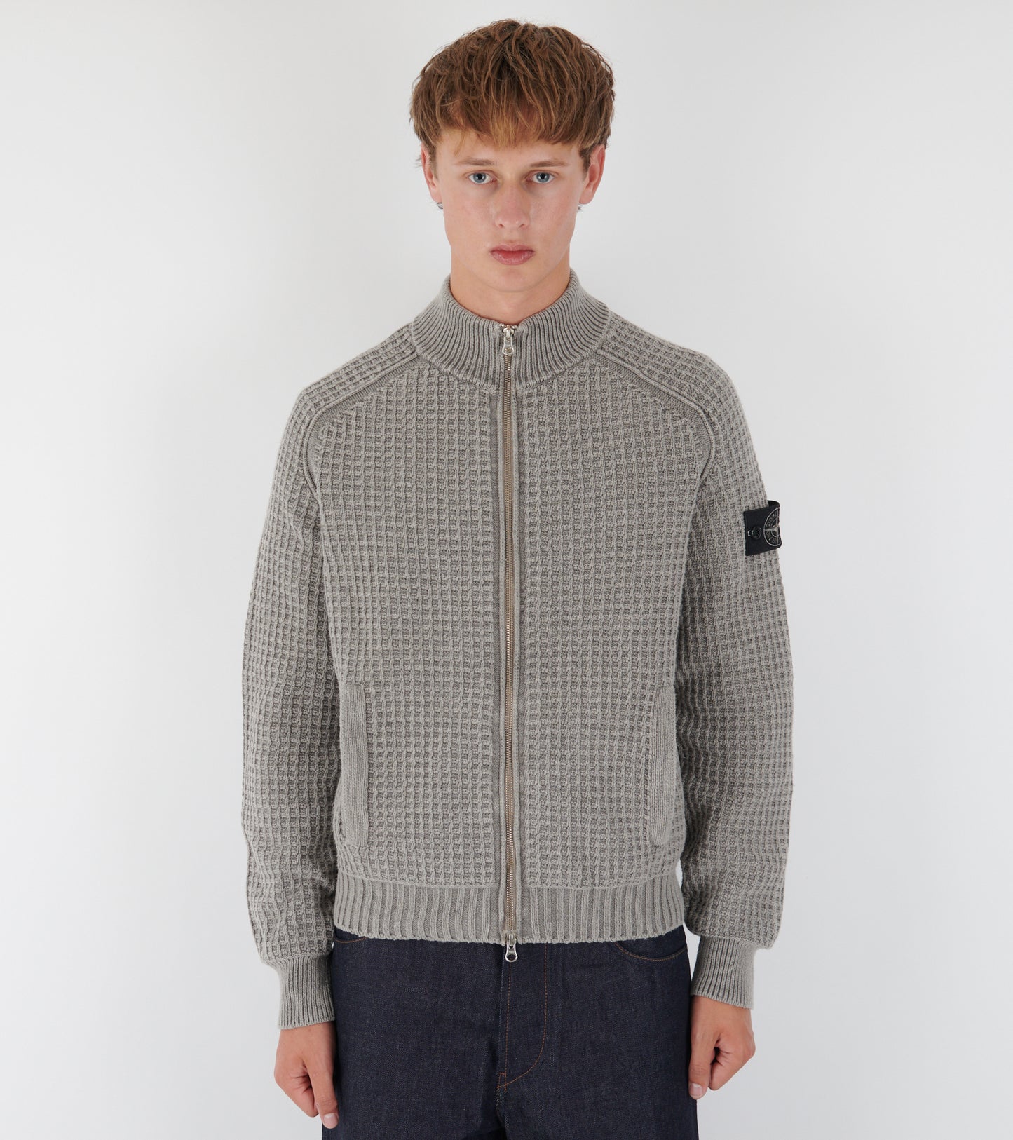 Waffle Zip Cotton Knit Grey