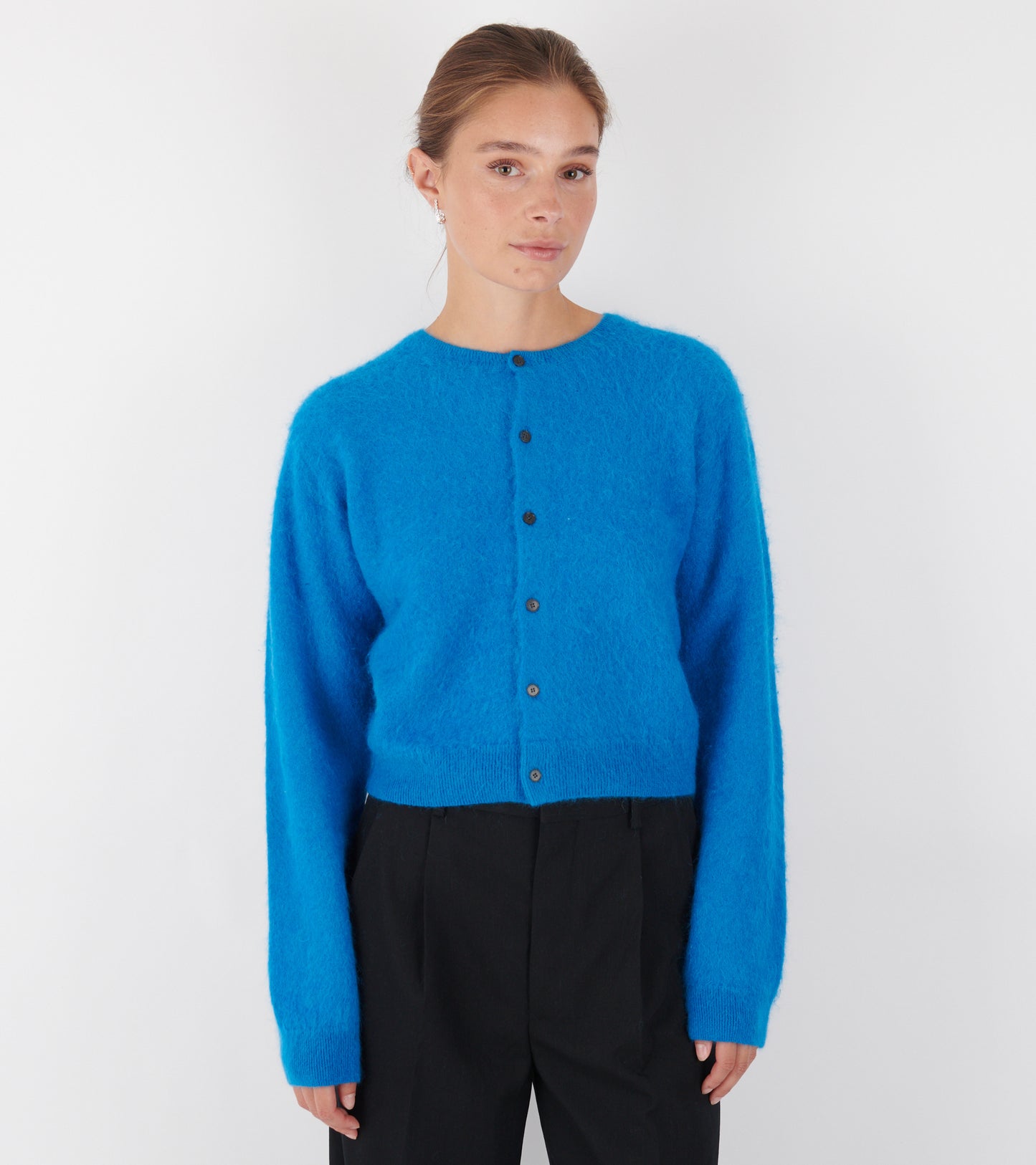 Garment Dyed Baby Alpaca Fur Knit Cardigan Blue