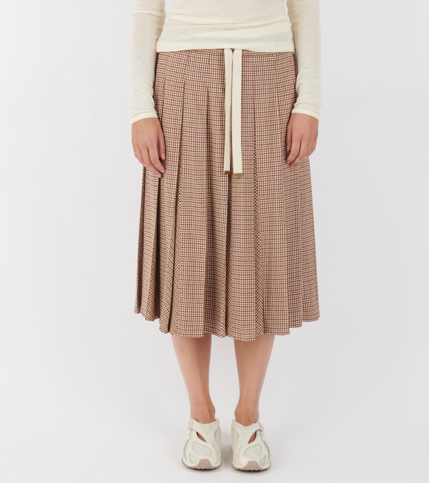Microcheck Midi Wool Skirt Beige