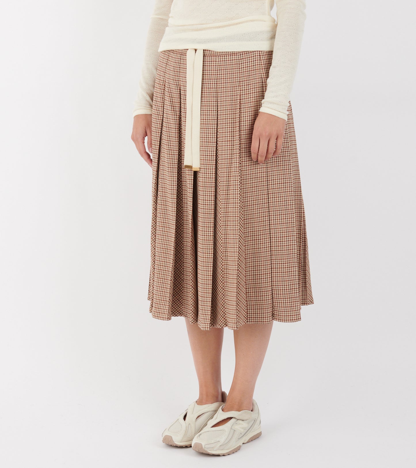 Microcheck Midi Wool Skirt Beige