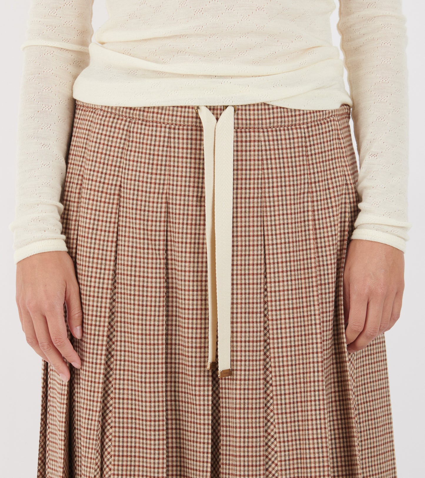 Microcheck Midi Wool Skirt Beige