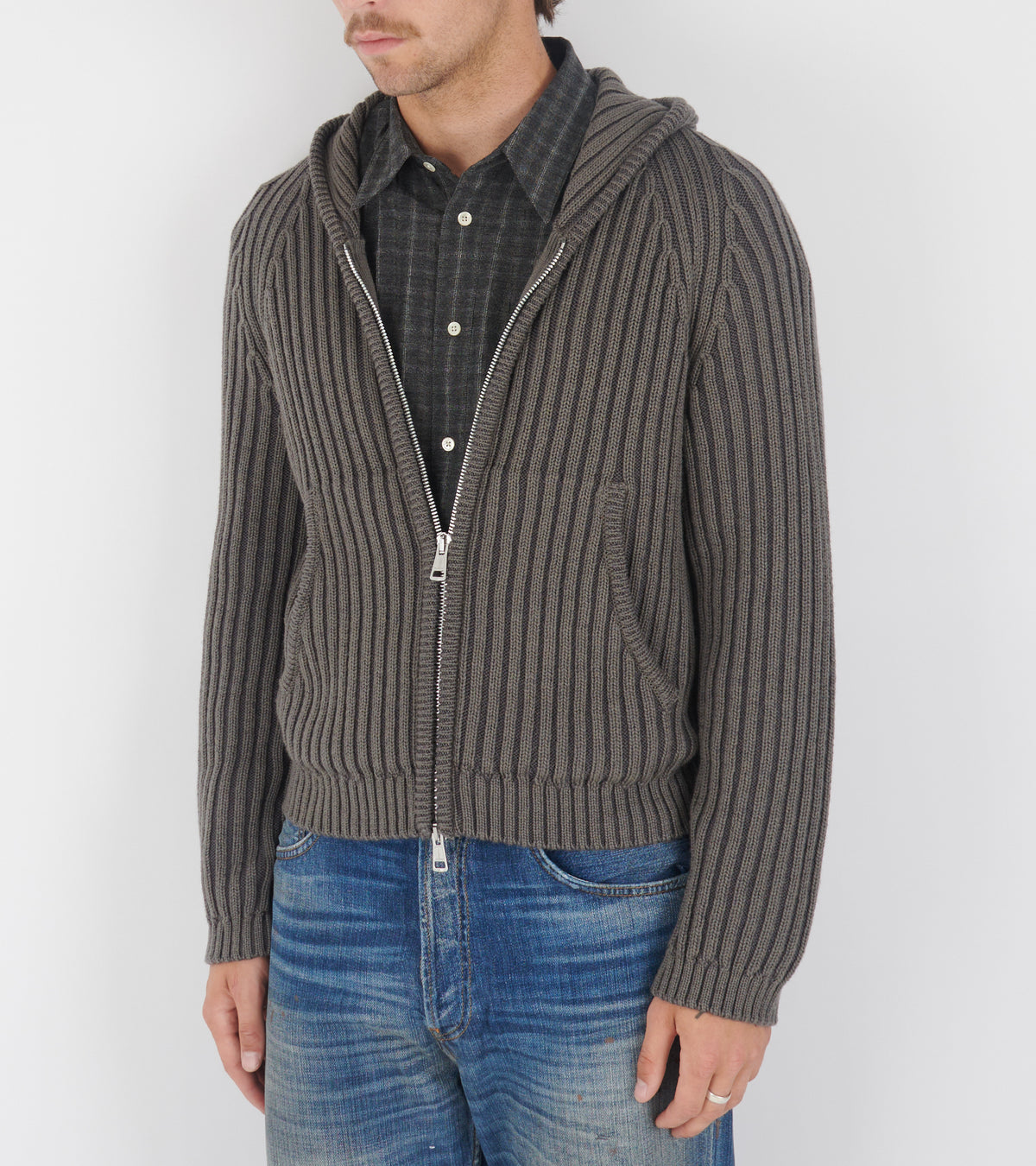 Level Hood Sage Stripe Dry Merino Wool Grey