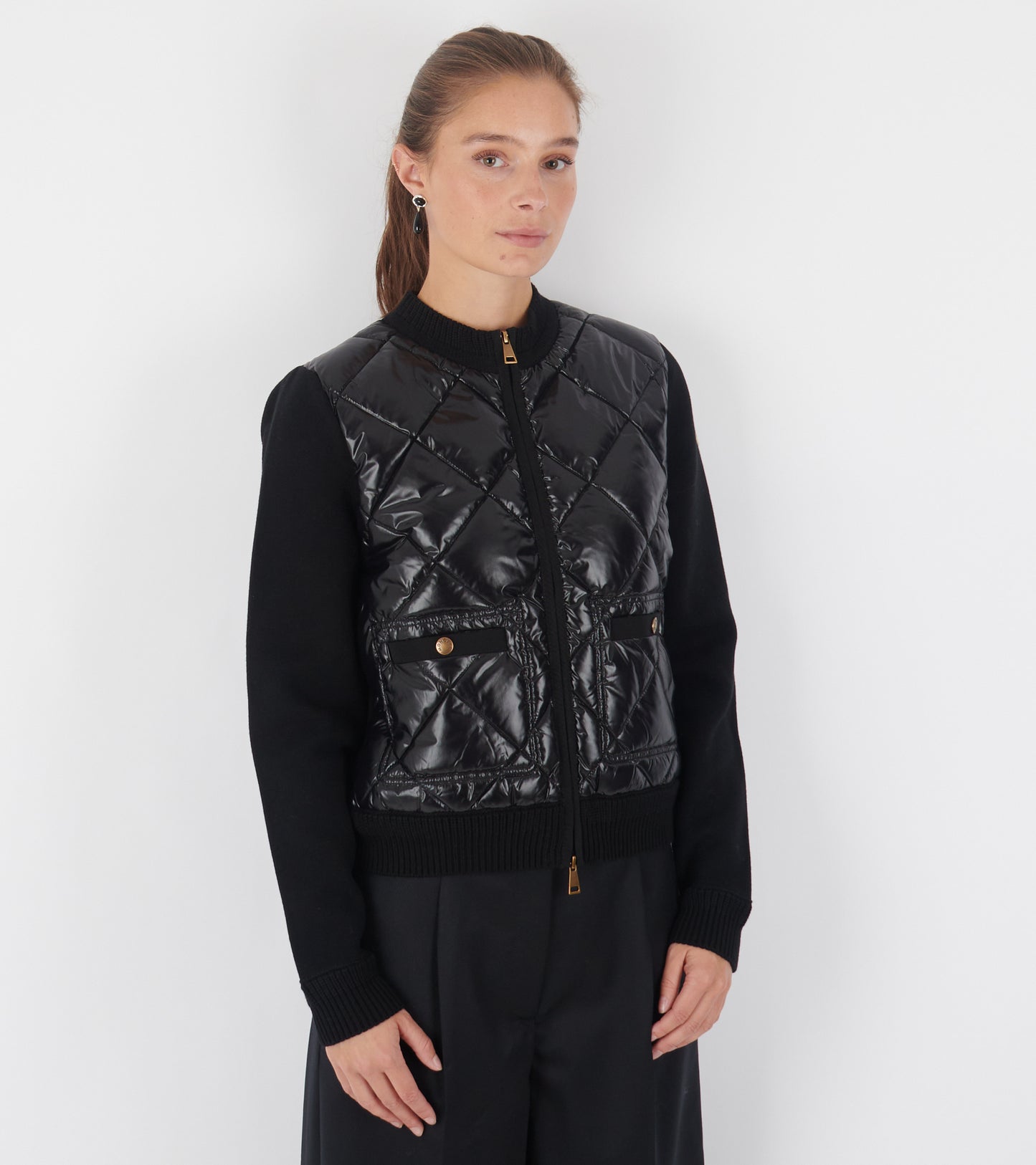 Cotton Knit Padded Cardigan Black