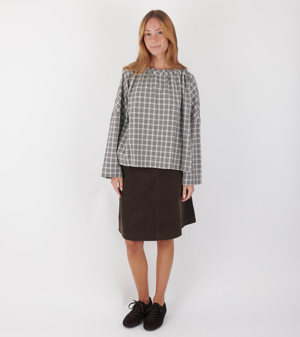 Magrethe LS Tie Top Brown Check