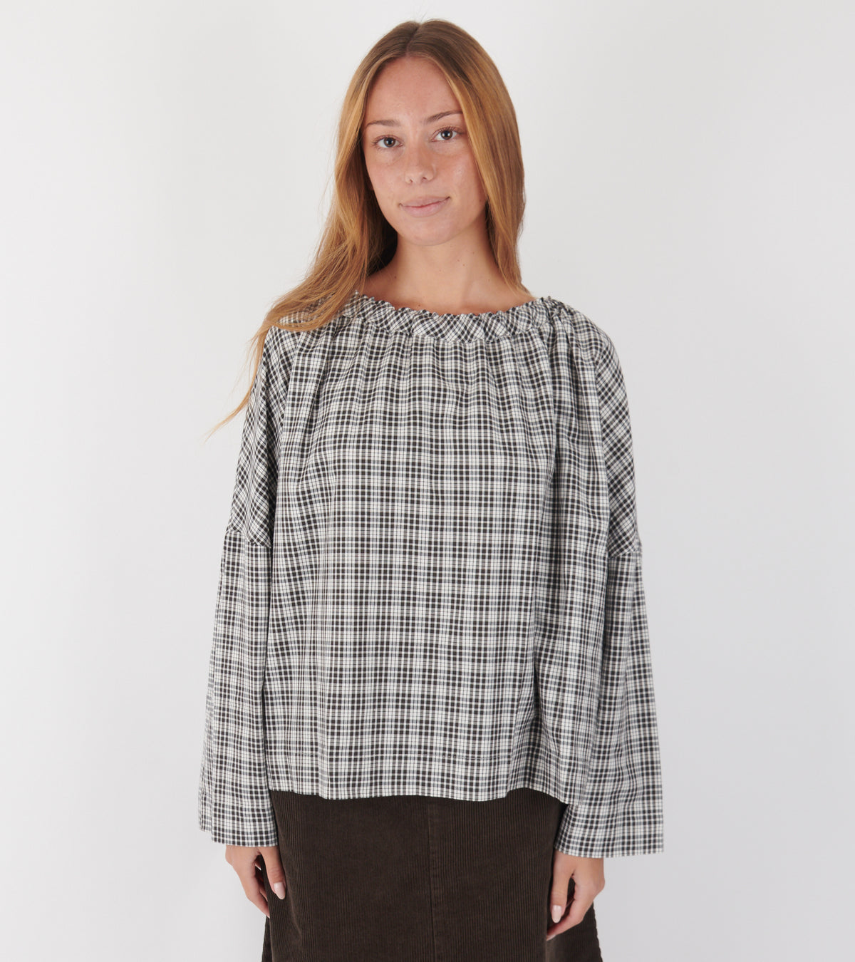 Magrethe LS Tie Top Brown Check
