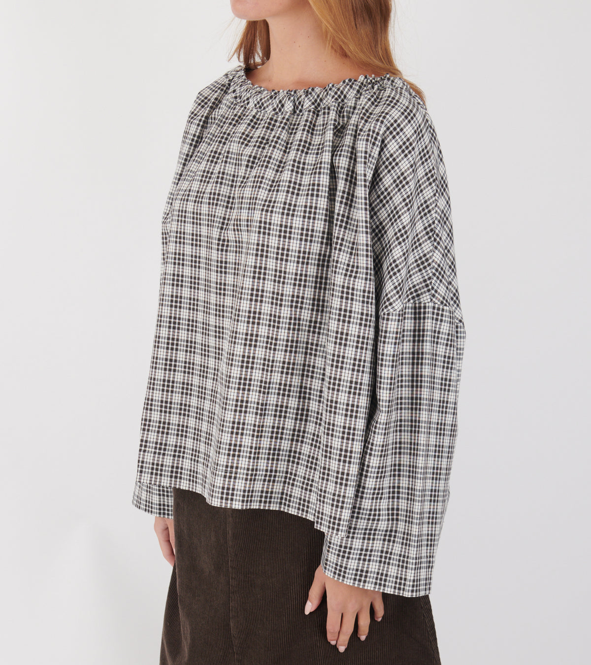 Magrethe LS Tie Top Brown Check