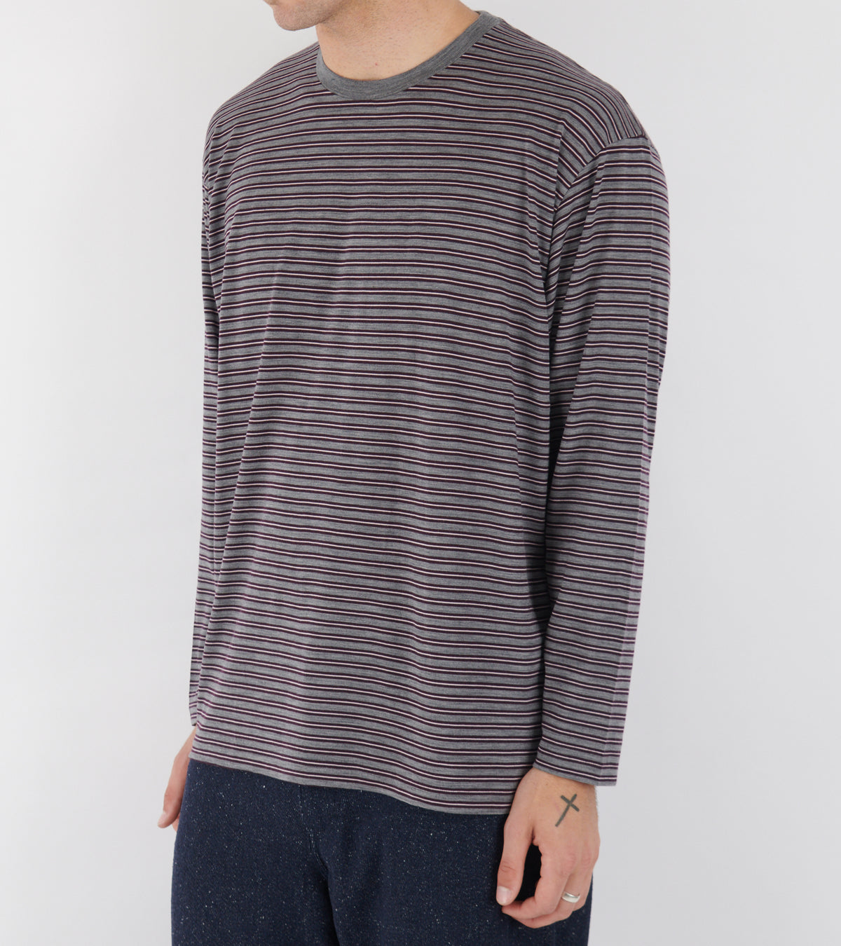Soft Smooth Wool Stripe Jersey L/S Tee Gray Stripe