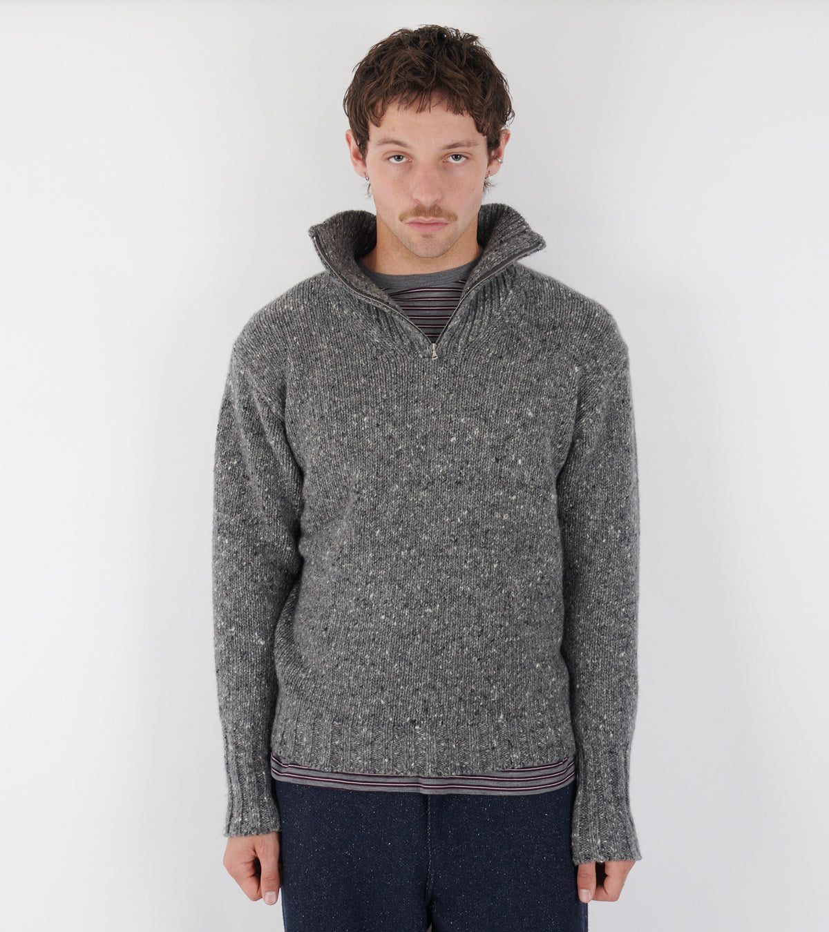 Low-Gauge Homespun Tweed Knit Zip Turtle Top Charcoal