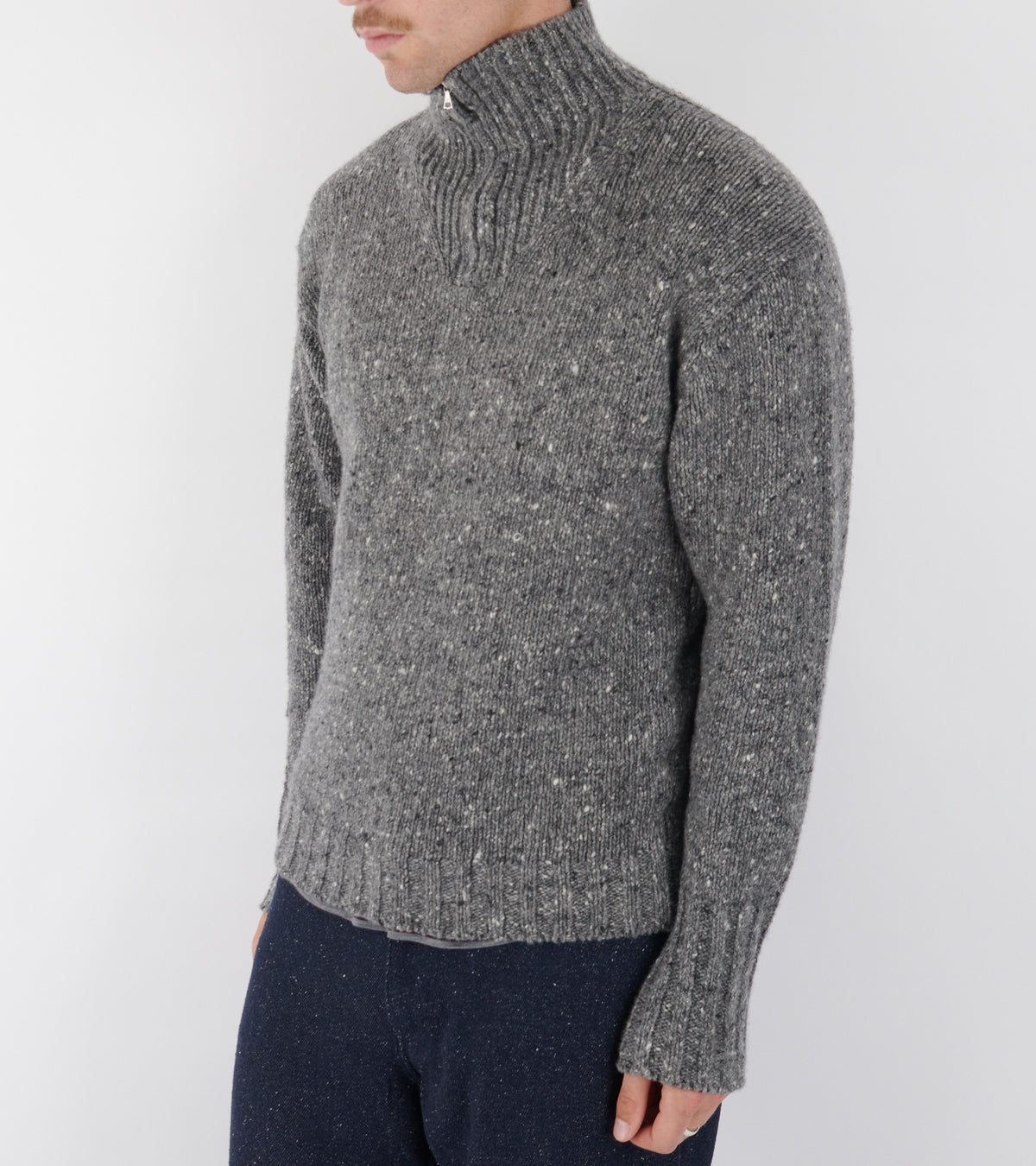 Low-Gauge Homespun Tweed Knit Zip Turtle Top Charcoal