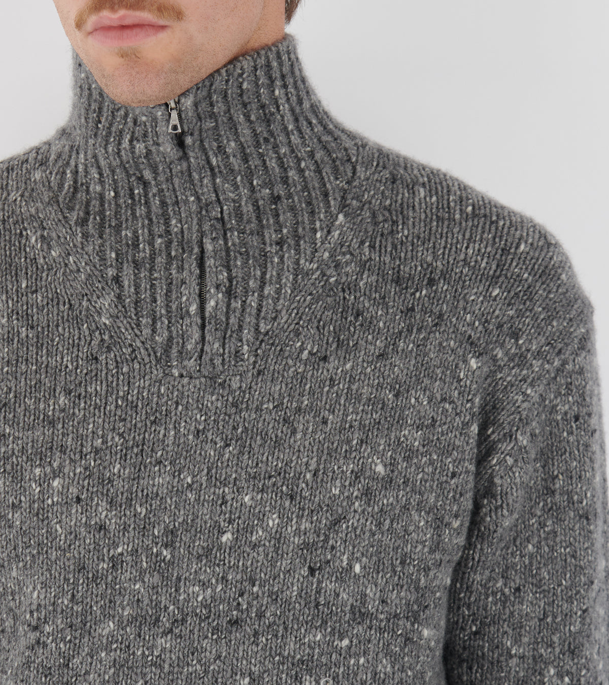 Low-Gauge Homespun Tweed Knit Zip Turtle Top Charcoal