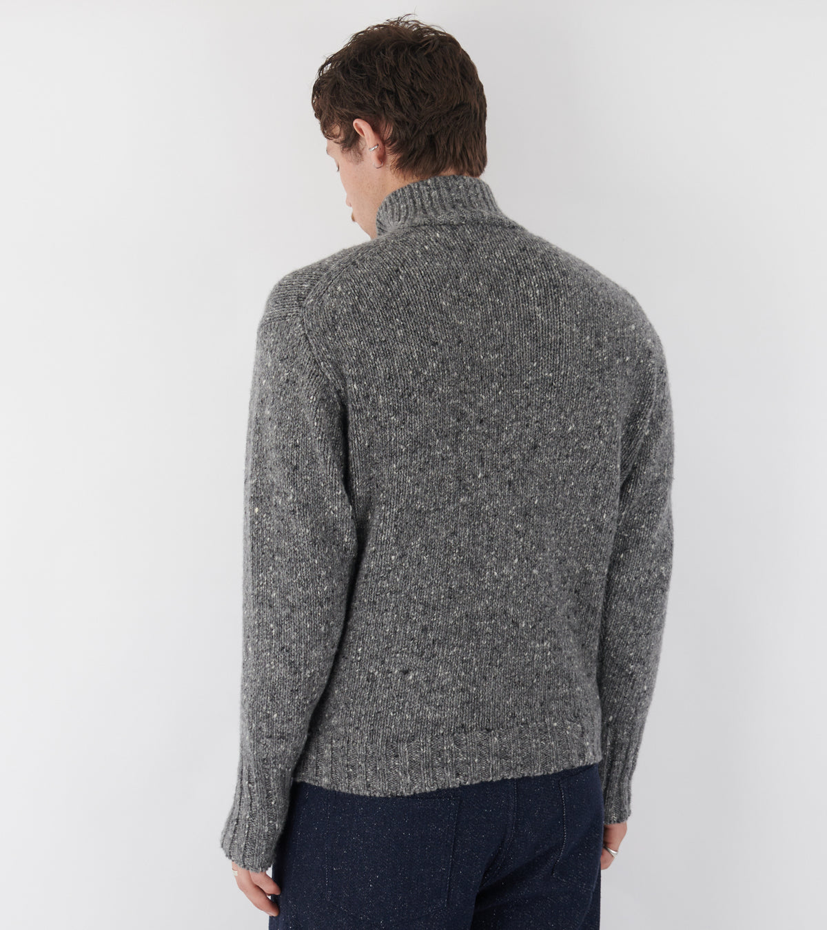 Low-Gauge Homespun Tweed Knit Zip Turtle Top Charcoal