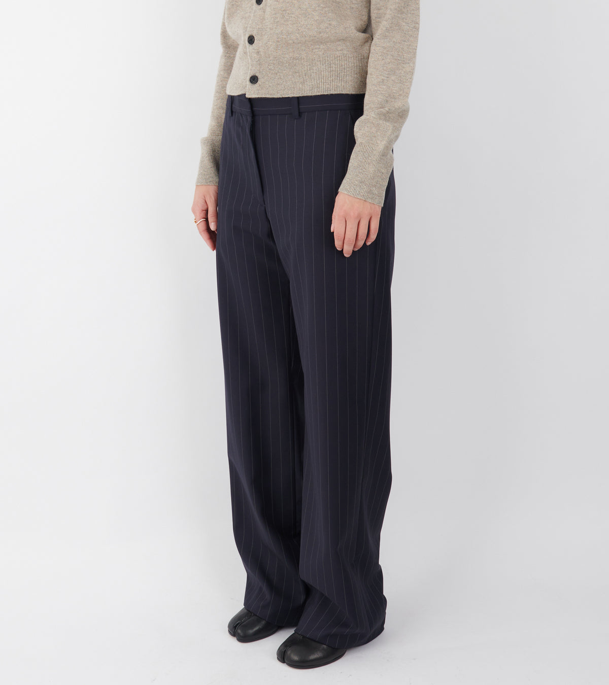Pinstripe Wool Trousers Navy Blue