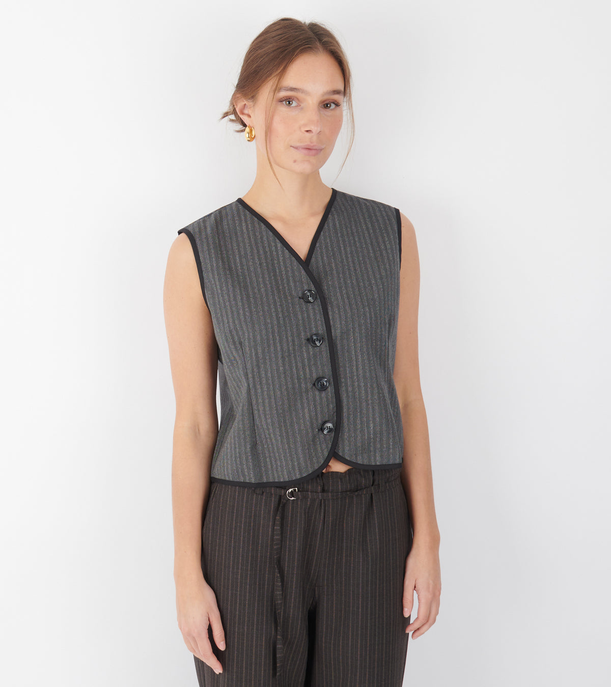 Jane Vest Vintage Stripe Wool Grey