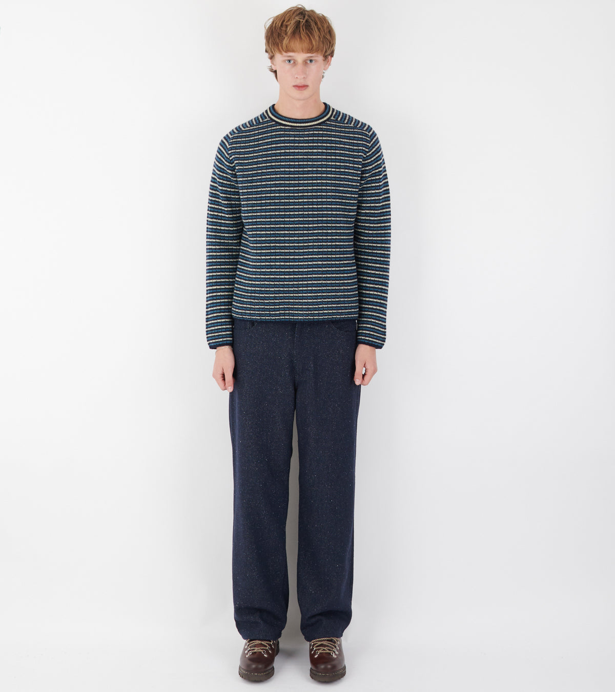 Shetland Wool Cashmere Rib Knit Pullover Navy Stripe