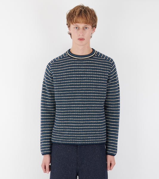 Shetland Wool Cashmere Rib Knit Pullover Navy Stripe