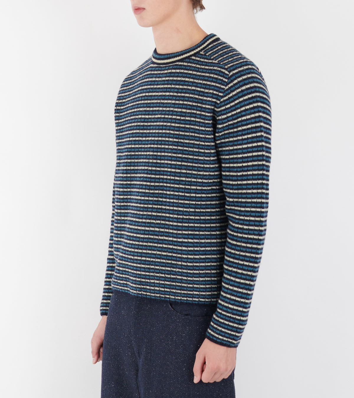 Shetland Wool Cashmere Rib Knit Pullover Navy Stripe