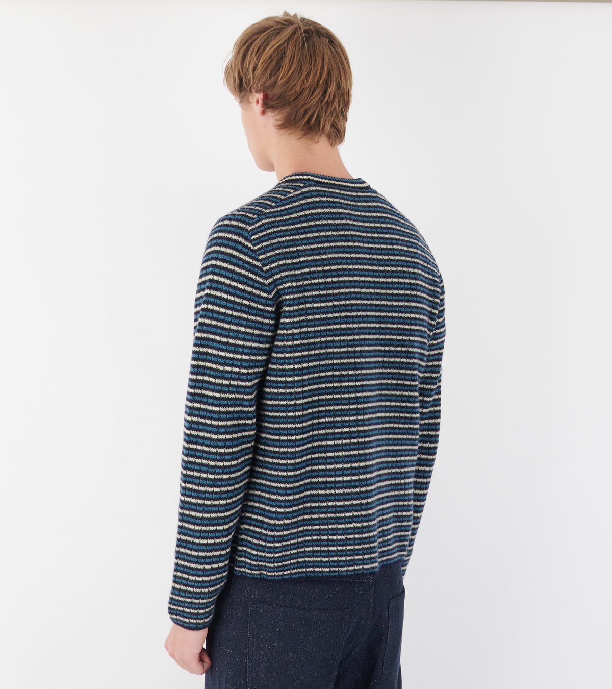 Shetland Wool Cashmere Rib Knit Pullover Navy Stripe
