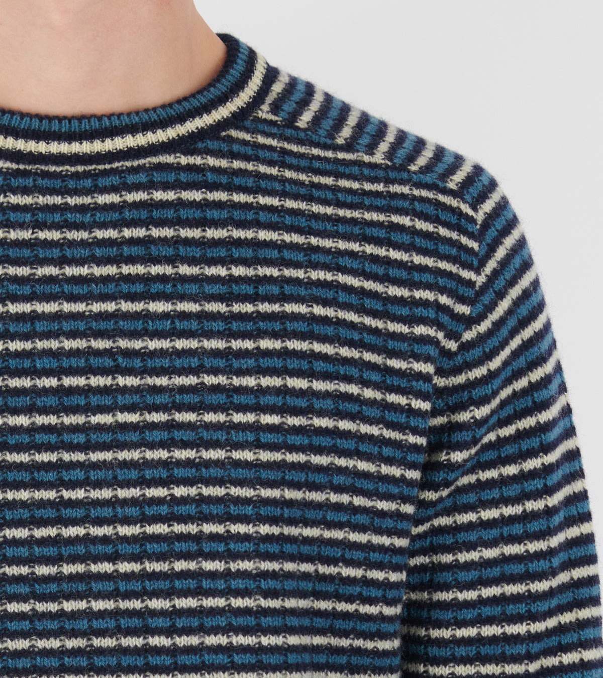 Shetland Wool Cashmere Rib Knit Pullover Navy Stripe