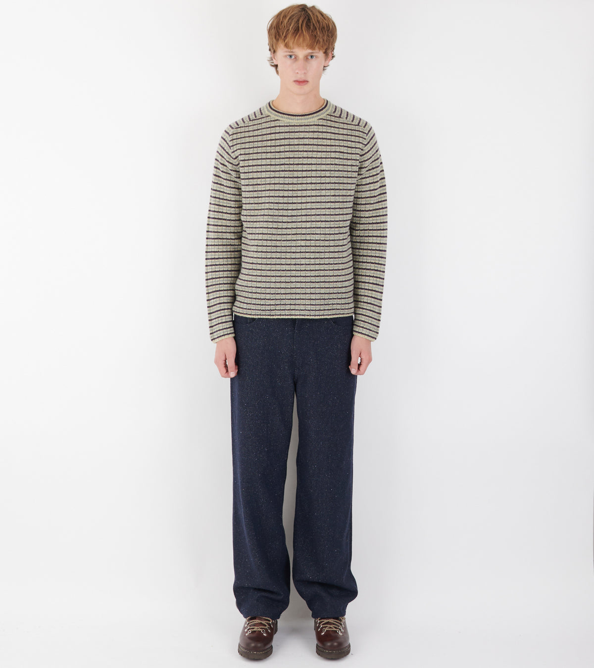 Shetland Wool Cashmere Rib Knit Pullover Lime Purple Stripe