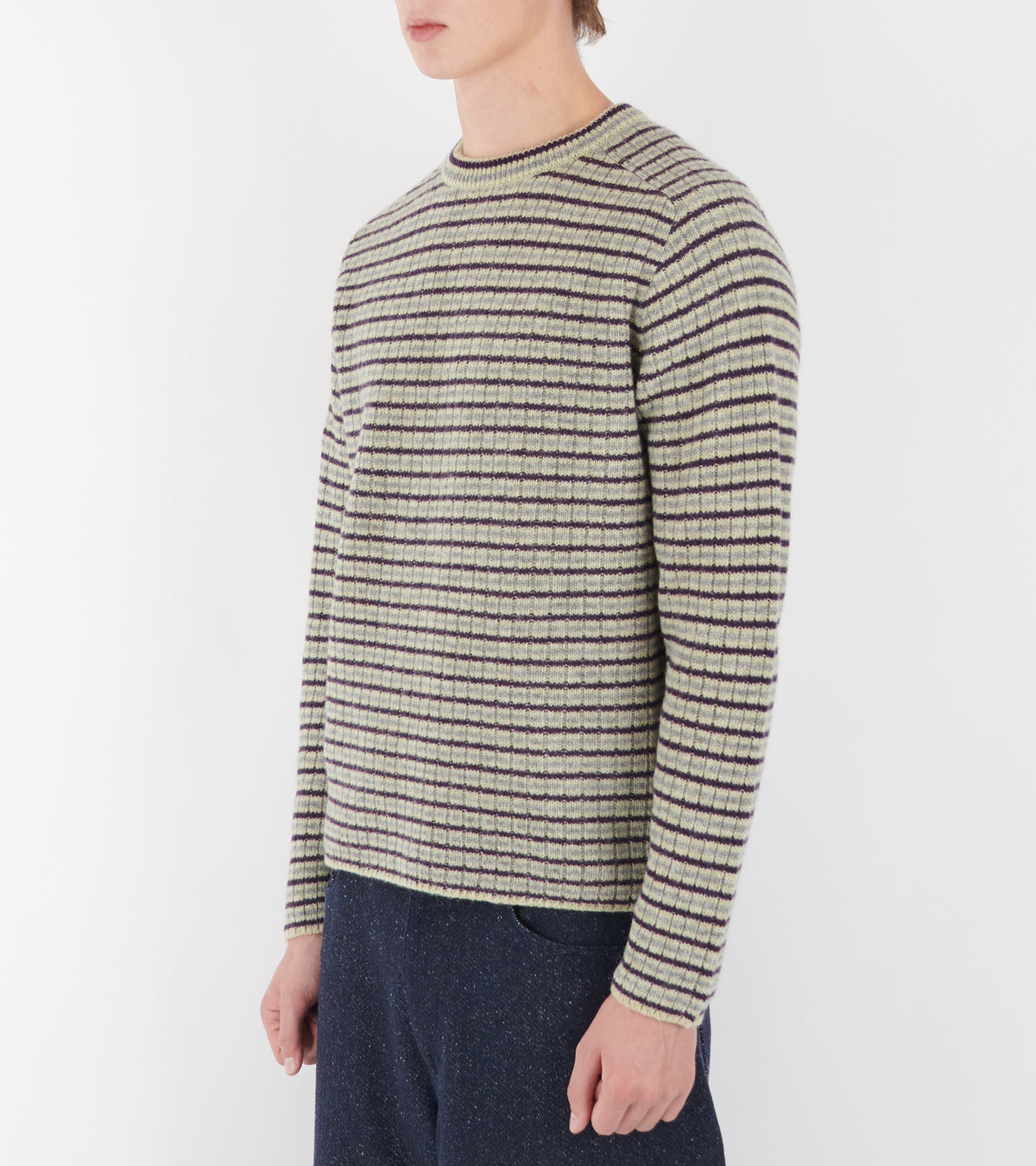 Shetland Wool Cashmere Rib Knit Pullover Lime Purple Stripe