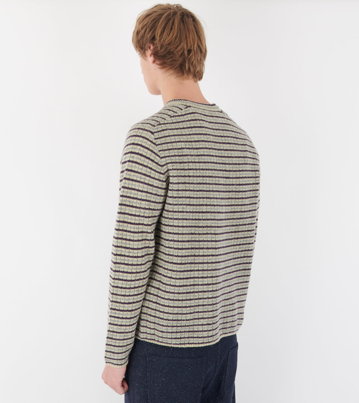 Shetland Wool Cashmere Rib Knit Pullover Lime Purple Stripe