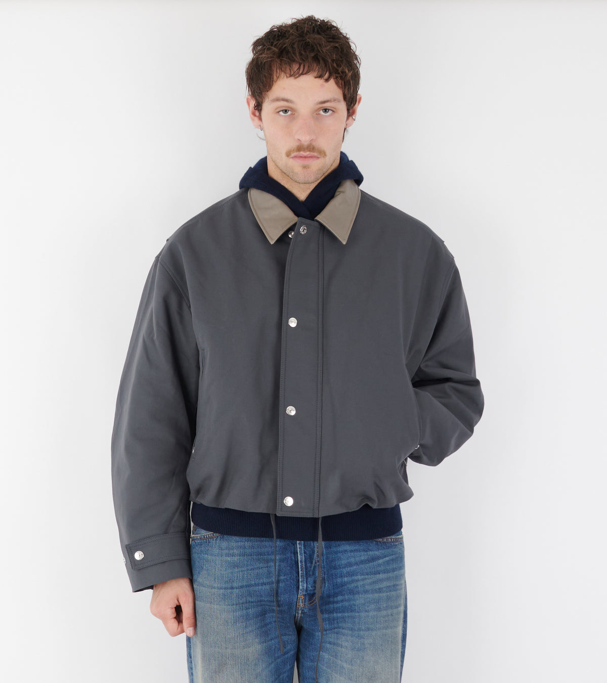 Bomber With Leather Collar Carbon Grey