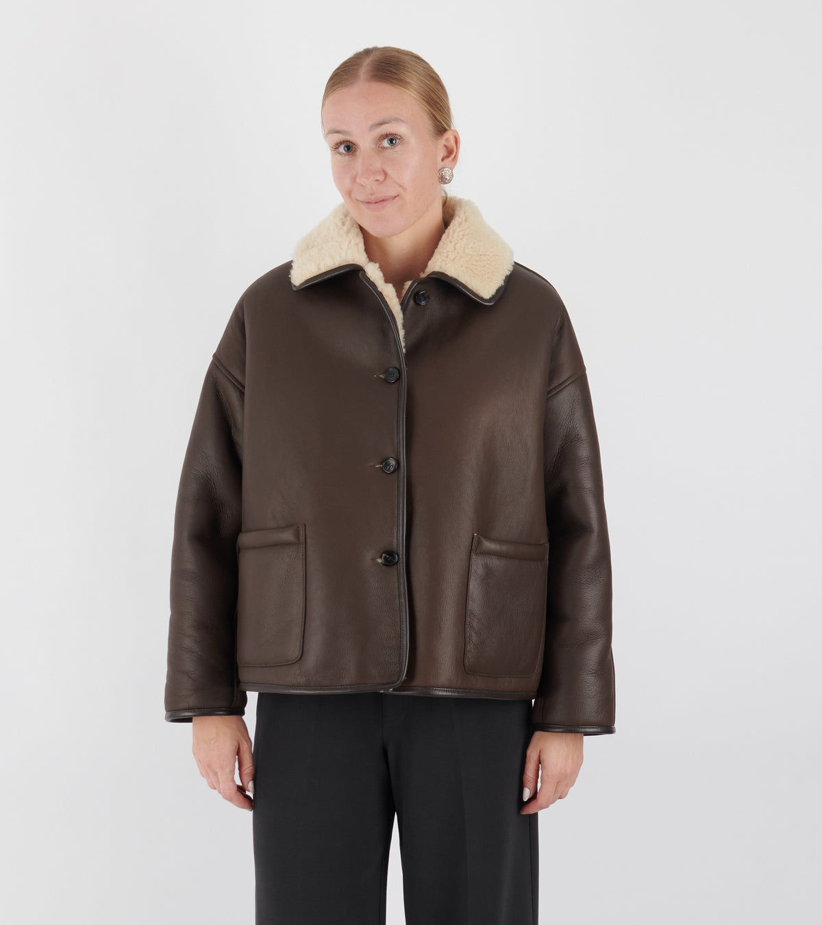 Leather Back Curly Hair Sheepskin Avis Jacket Chocolate/Cream