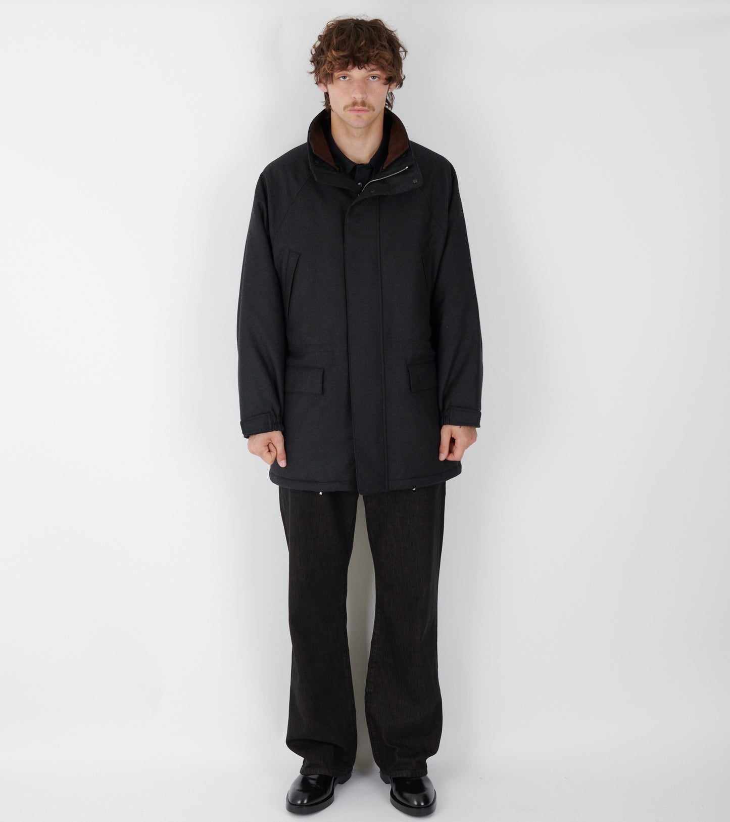 Wool Fulling Flannel Padded Over Blouson Top Charcoal