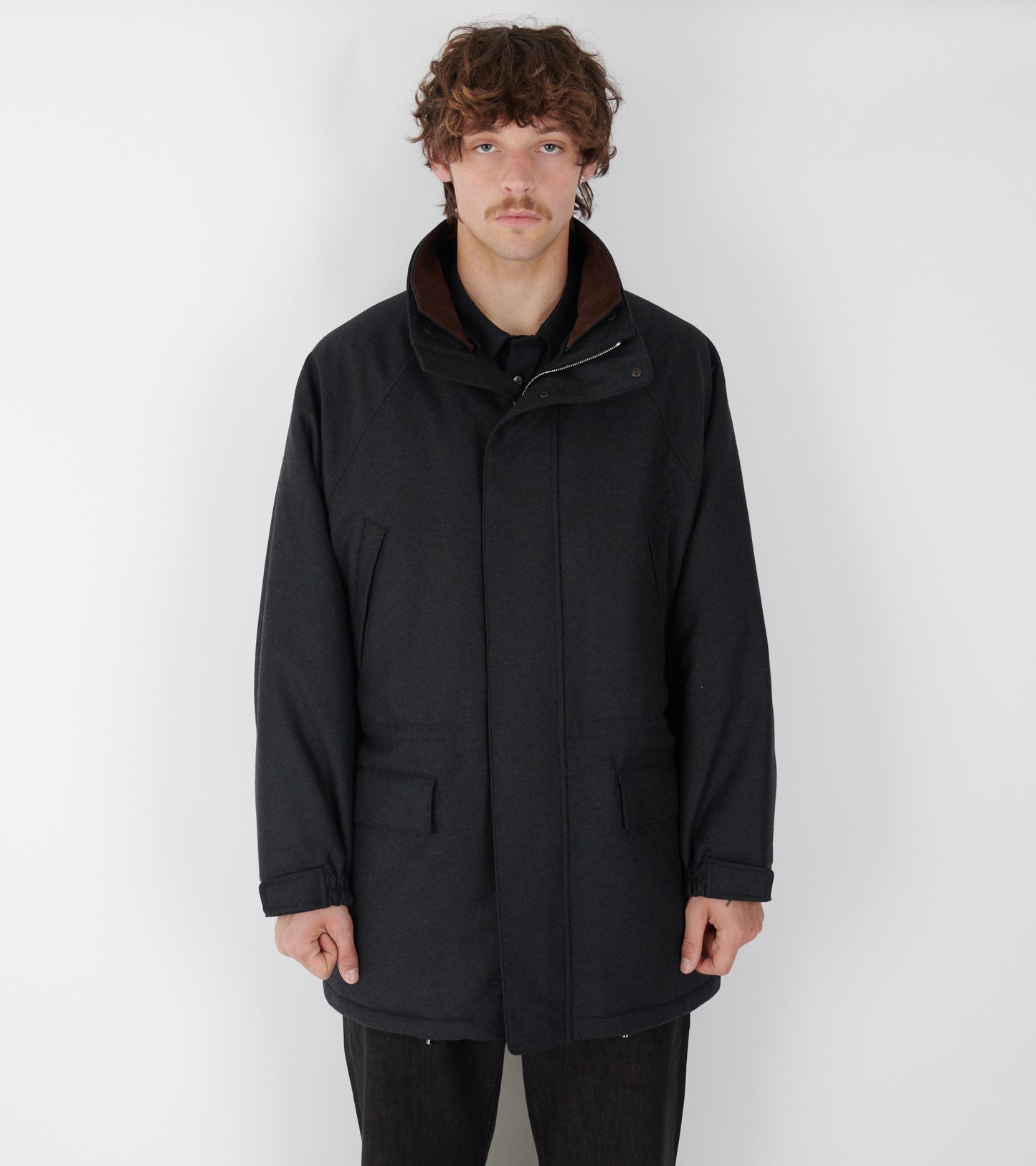 Wool Fulling Flannel Padded Over Blouson Top Charcoal