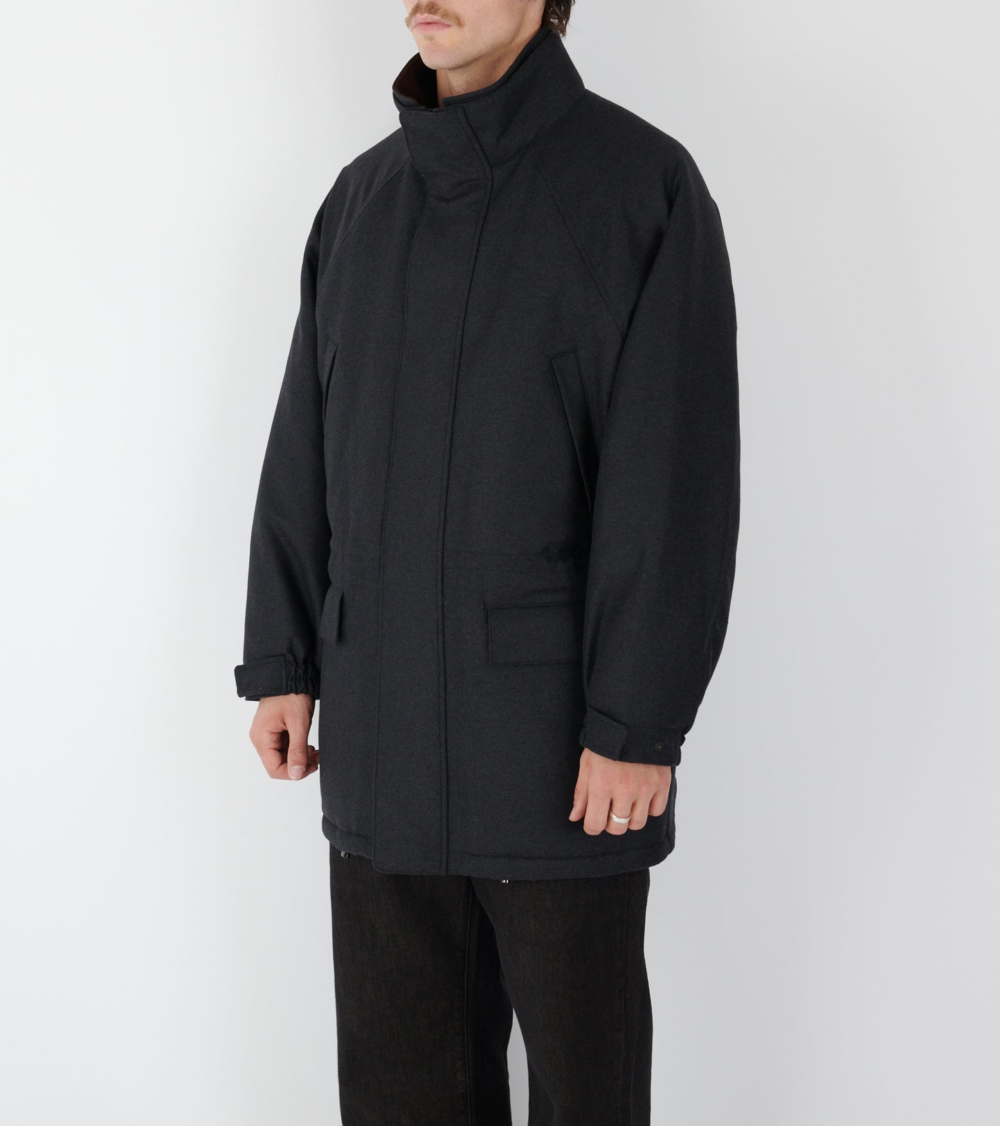 Wool Fulling Flannel Padded Over Blouson Top Charcoal