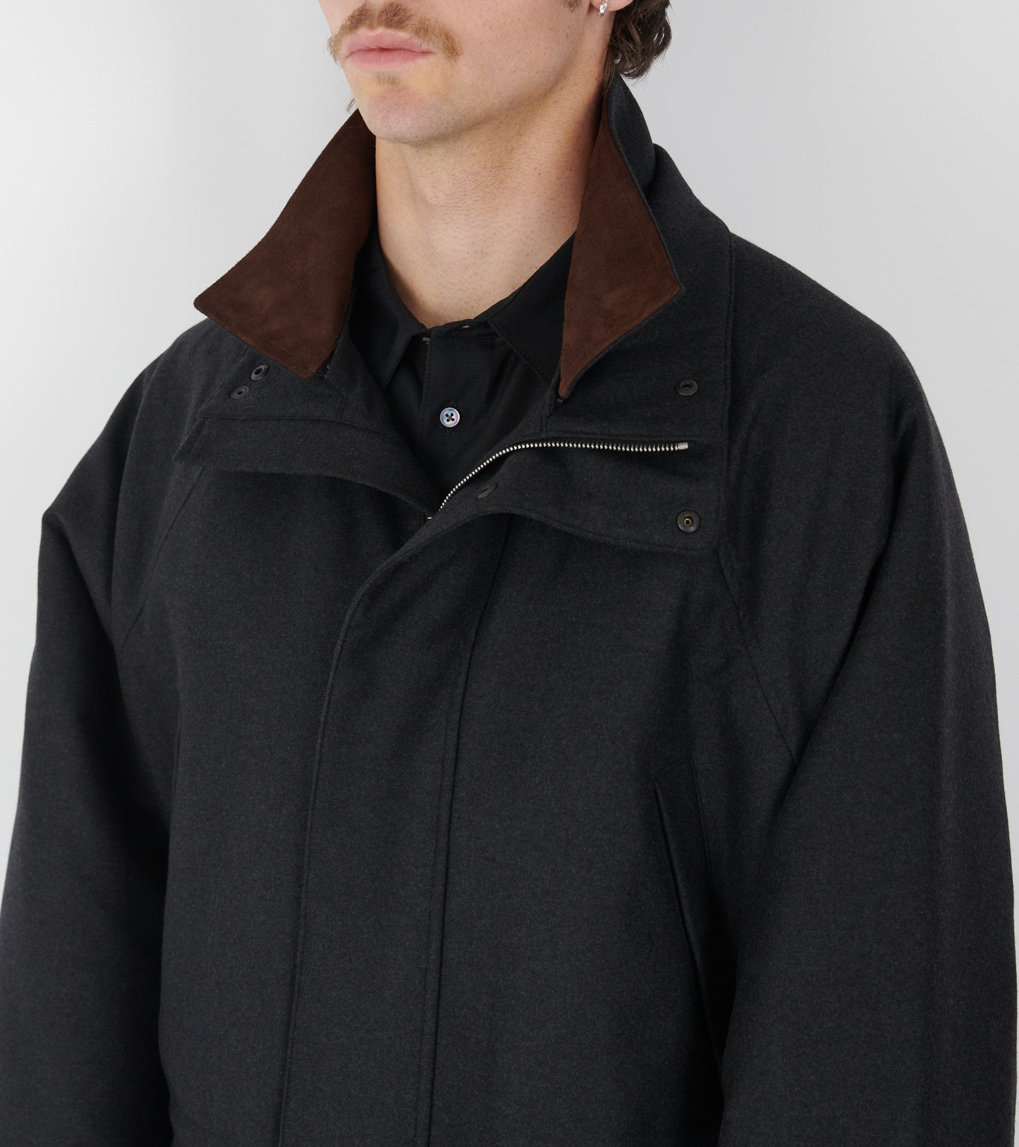 Wool Fulling Flannel Padded Over Blouson Top Charcoal