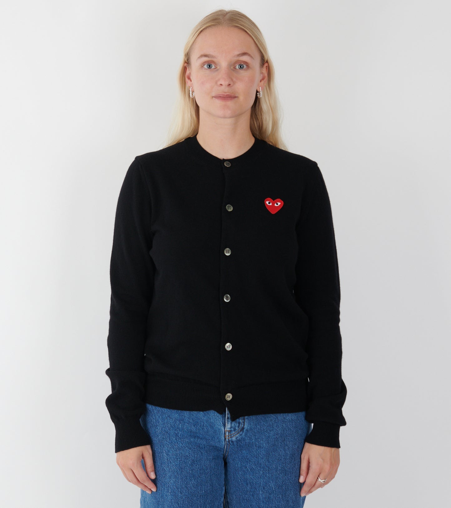 U Red Heart Round Neck Cardigan Black