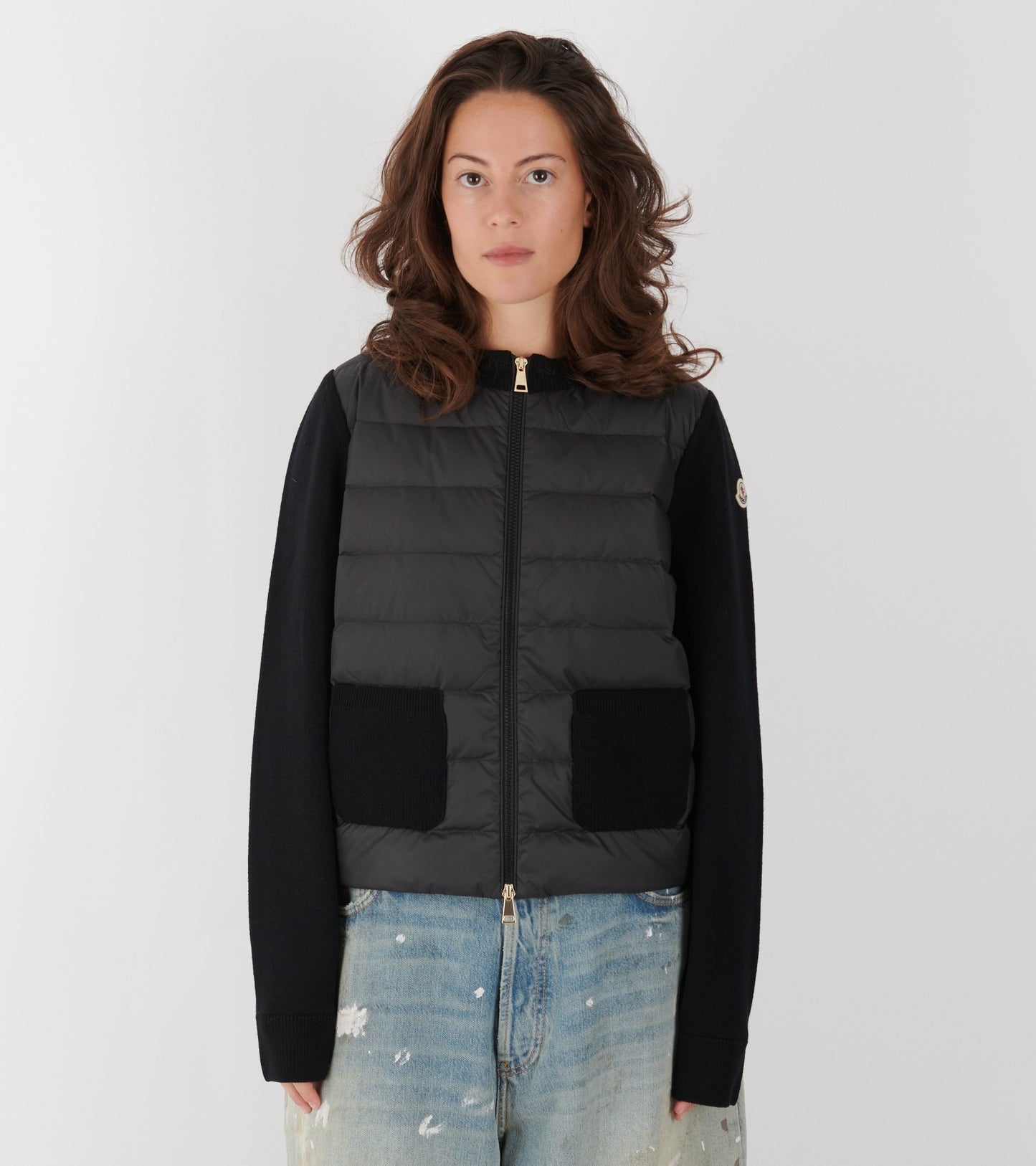 Padded Merino Wool Zip Up Cardigan Black