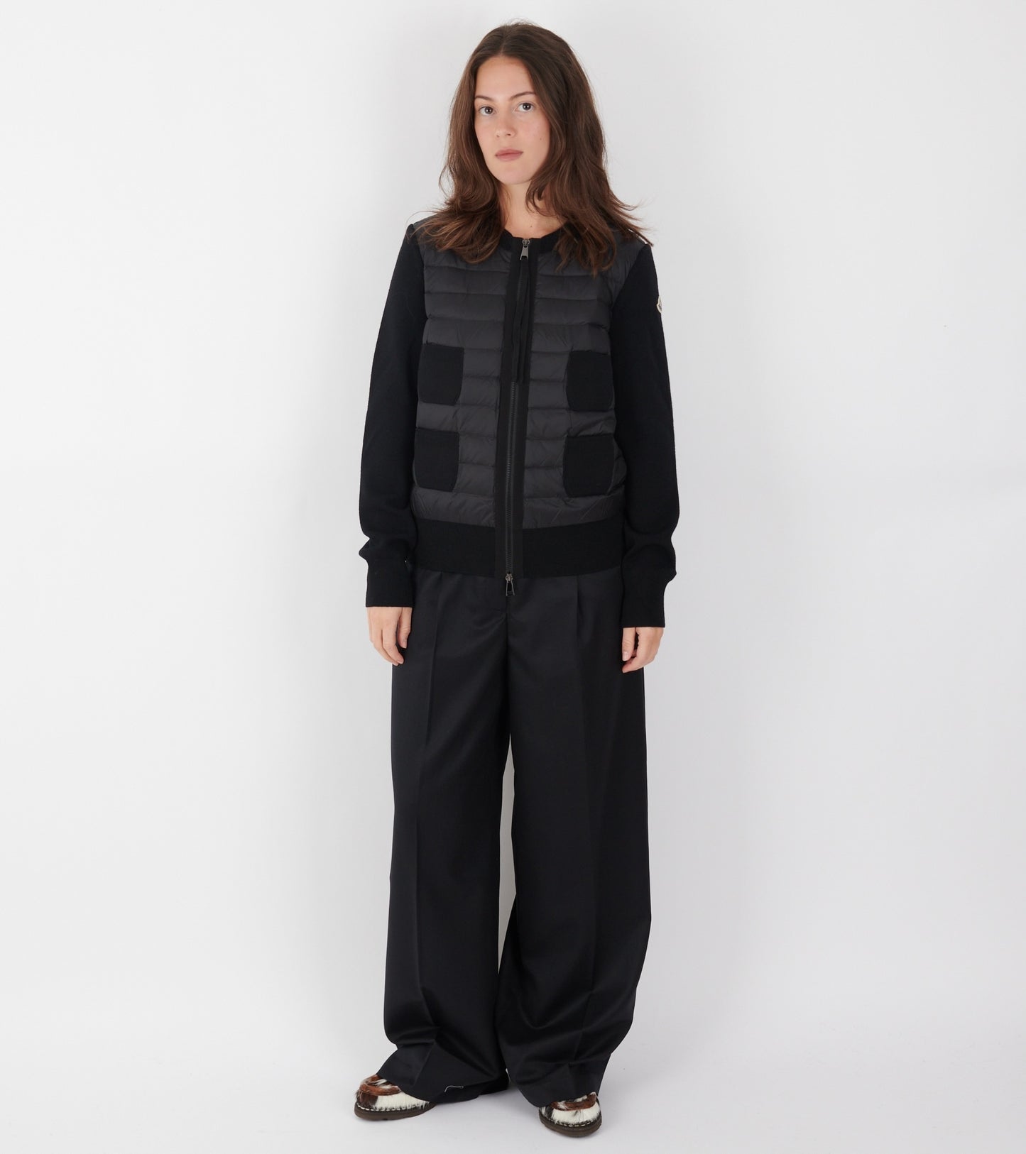Padded Four Pockets Merino Wool Zip Up Cardigan Black