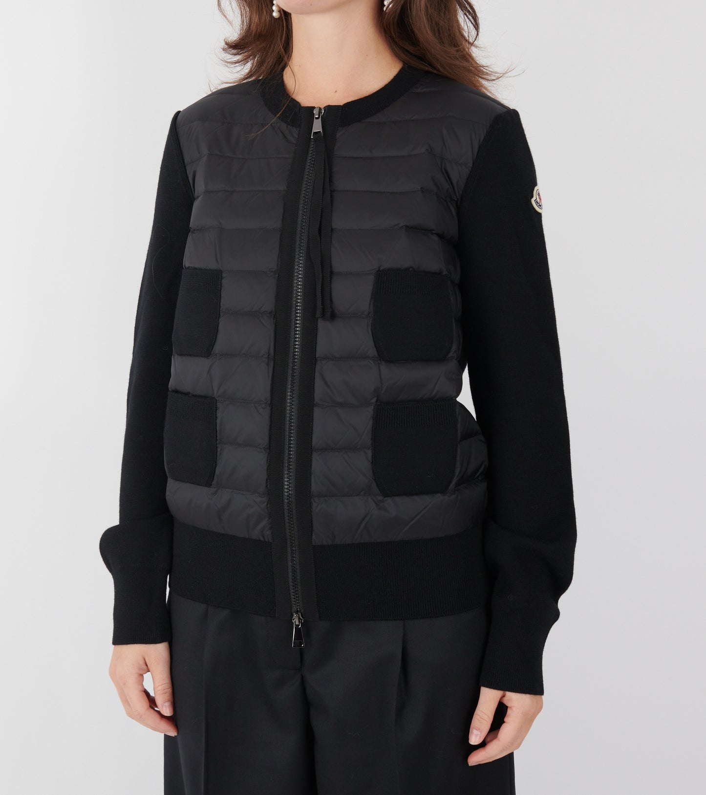 Padded Four Pockets Merino Wool Zip Up Cardigan Black